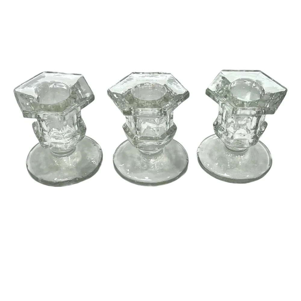 MOULDED/PRESSED CLEAR GLASS CANDLESTICKS - SET OF 3